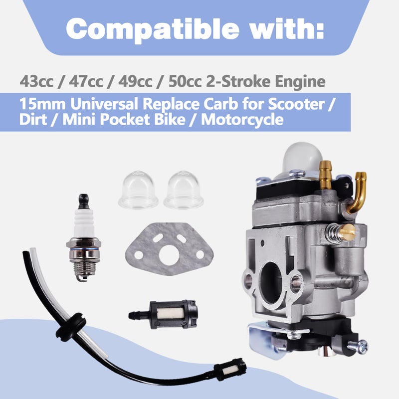 CULMKARI Carburetor Kit Fits for 43cc 47cc 49cc 50cc Scooter Dirt Mini Pocket Bike Motorcycle 2-Stroke Engine 15mm Replace Carb For Go-Ped BladeZ Cart Echo Engine - Image 2